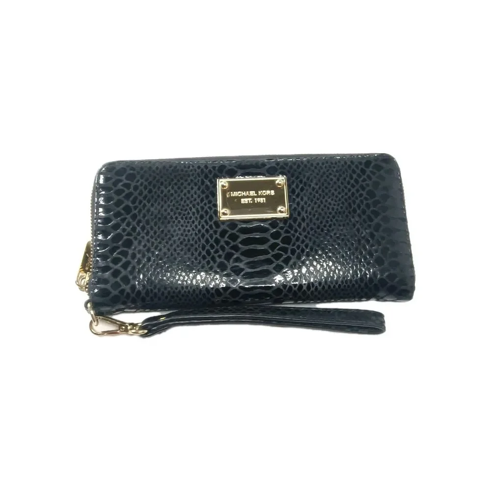 Michael Kors Jet Set Zip Around continental Wallet Python Embossed Black